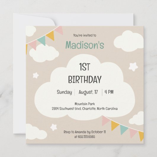 Clouds party flags baby first birthday invitation (Devant)