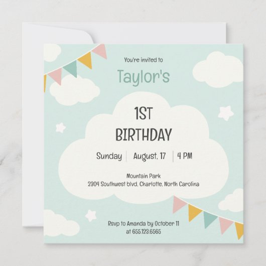 Clouds party flags baby first birthday invitation (Devant)