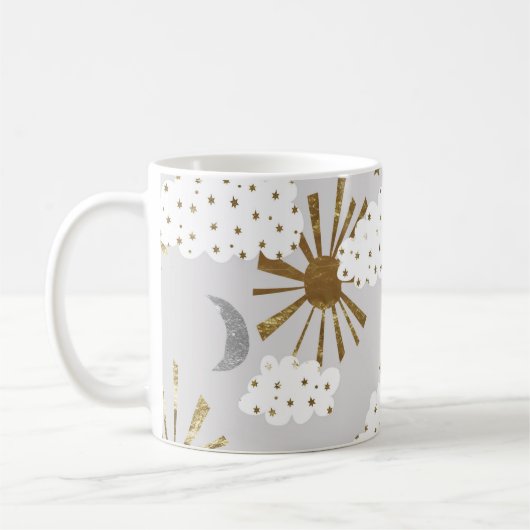 Clouds, sun, and moon, minimalistic pattern. koffiemok (Links)