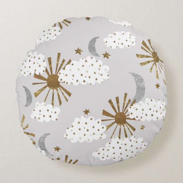 Clouds, sun, and moon, minimalistic pattern. rond kussen (Voorkant)