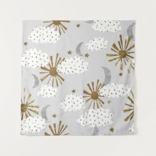 Clouds, sun, and moon, minimalistic pattern. wandkleed