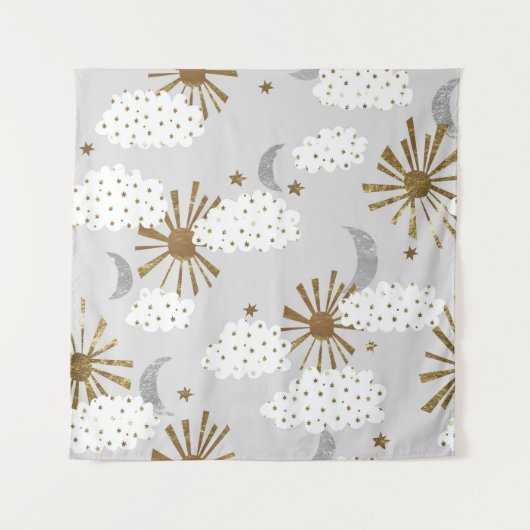 Clouds, sun, and moon, minimalistic pattern. wandkleed (Voorkant)