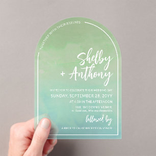 Cloudy Seafoam Green Arch Lijst Wedding Acryl Uitnodigingen
