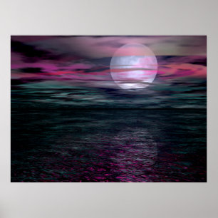 Cloudy Sky Ocean Moon Rise Poster