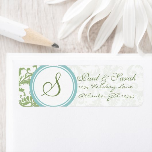 Clover Green en Aqua Blue Wedding Label (Insitu)