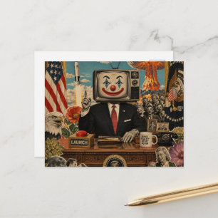 Clown aan de bureau surreële collage briefkaart