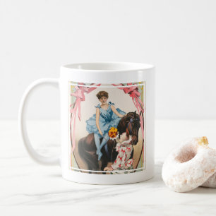 Clown die bloemen overhandigt aan een vrouw te paa koffiemok
