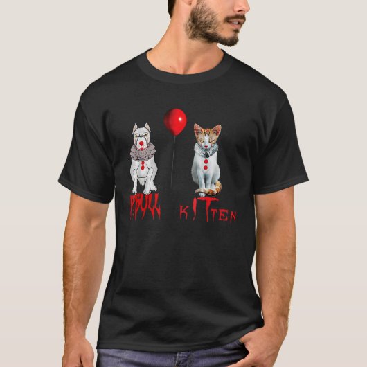 Clown kitten kat en pitbull hond horror halloween t-shirt (Voorkant)