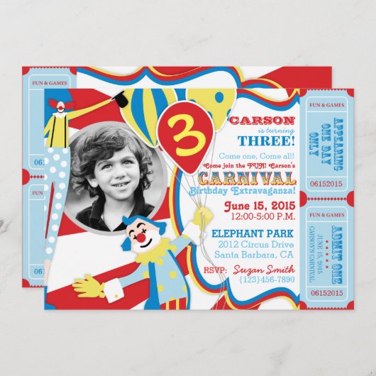 Clowns du Carnaval Invitation d'anniversaire (Devant / Derrière)