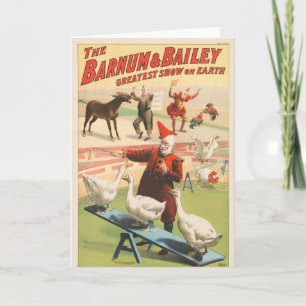 Clowns met optredende ganzen, hanen en ezels. kaart