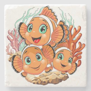 Clownvis Cartoon lief Familie Onderwater Stenen Onderzetter