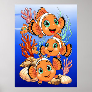 Clownvis Cartoontje schattig Familie Onderwater Poster