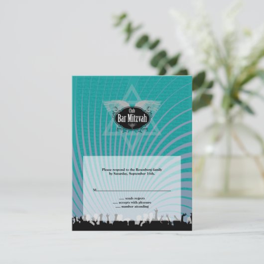 Club Bar Mitzvah Navy Blauwgroen RSVP Reply Kaart (Staand voorkant)