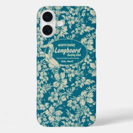 Club Surfen Longboard Hibiscus Hawaïaans Blauwgroe iPhone 16 Plus Hoesje