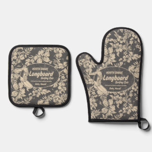 Club Surfen Longboard Logo Hibiscus Hawaiian Gray Ovenwant & Pannenlap Set