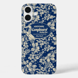Club Surfing Longboard Hibiscus Hawaiian Navy iPhone 16 Plus Hoesje