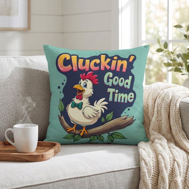 Cluckin' Good Time Grappige Kip Illustratie Kussen (Cluckin' Good Time Funny Chicken Illustration Throw Pillow Mockup A)