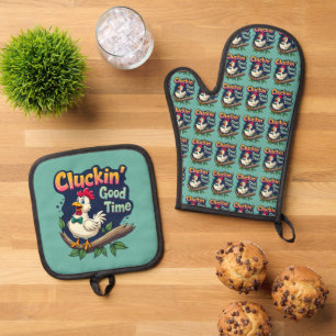 Cluckin' Good Time Grappige Kip Illustratie Ovenwant & Pannenlap Set