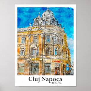 Cluj Napoca Roemenië Reizen Waterverf Hand geteken Poster
