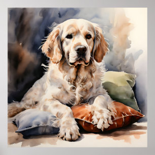 Clumber Spaniel Loungen op Kussens Inktportret Poster