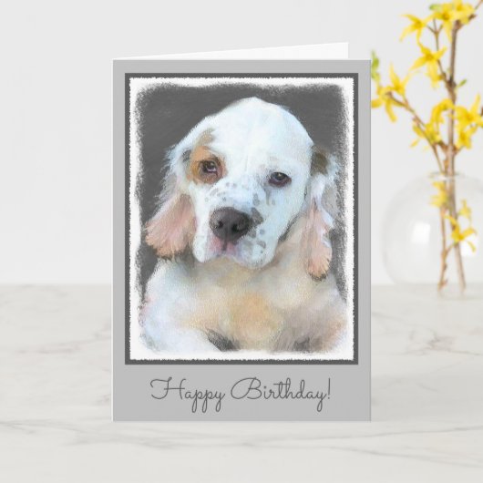 Clumber-spaniel schilderen - Kute Original Dog Art Kaart (Gele Bloem)