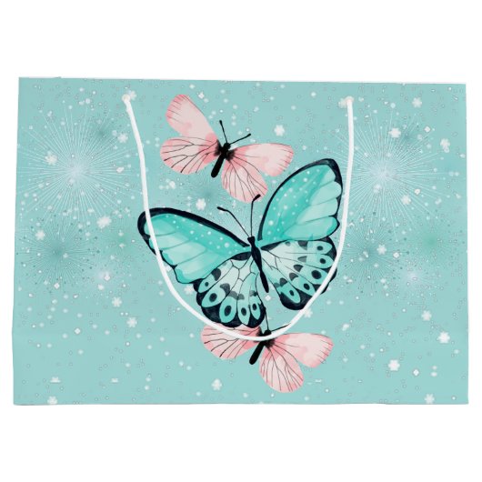 Cluster van blauwe en roze vlinders groot cadeauzakje (Achterkant)