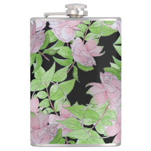 clusters van roze bloemen en bladbloemen heupfles