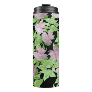 clusters van roze bloemen en bladbloemen thermosbeker