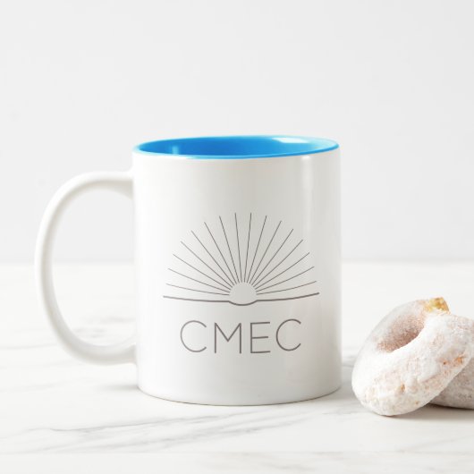 CMEC Tweekleurige Mok - grijs logo, turquoise inte (Met donut)