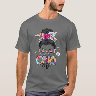 CNA Life Messy Bun Hair Stethoscope Heartbeat RN T-shirt