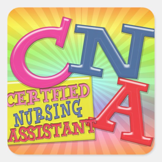CNA WHIMSICAL LETTERS CERTIFIED NURSING ASSISTANT VIERKANTE STICKER (Voorkant)
