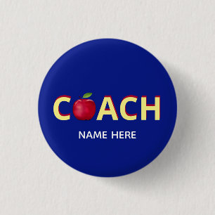 Coach-tekst met rode appel op blauw ronde button 3,2 cm
