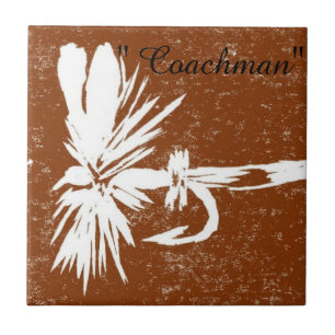"Coachman" wit op bruine forel vliegende tegel Tegeltje