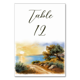 Coast Watercolor Sunset Mediterranean Wedding Kaart
