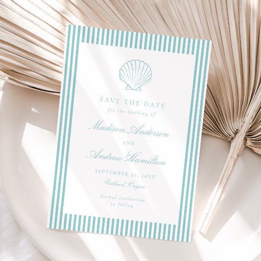 Coastal Aqua Stripe Shell Wedding Save the Date