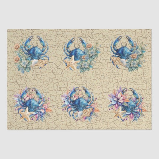Coastal Beach Floral Blue Crab & Shells Decoupage  Tissuepapier (Voorkant)