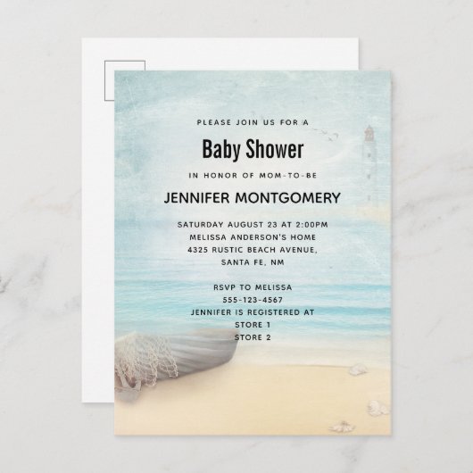 Coastal Beach Scene met Boot & Vuurtoren Invitat Uitnodiging Briefkaart (Voorkant / Achterkant)