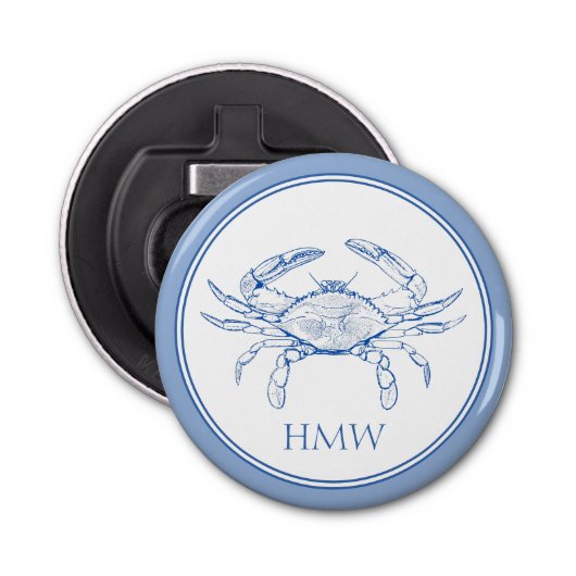 Coastal Blue and White Crab Monogram Button Flesopener (Voorkant)