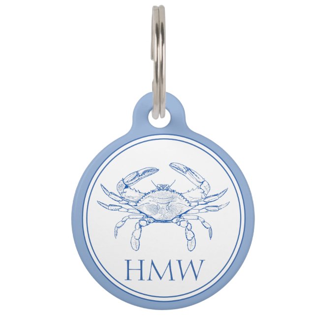 Coastal Blue and White Crab Monogram Huisdierpenning (Voorkant)