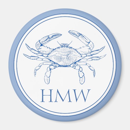 Coastal Blue and White Crab Monogram Magneet (Voorkant)
