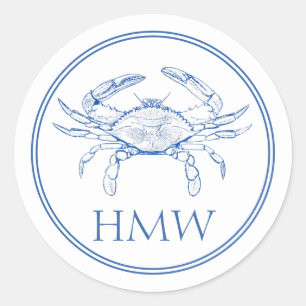 Coastal Blue and White Crab Monogram Ronde Sticker