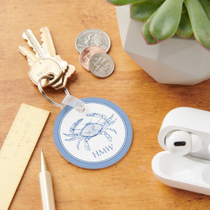 Coastal Blue and White Crab Monogram Sleutelhanger
