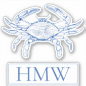 Coastal Blue and White Crab Monogram Sticker (Voorkant)