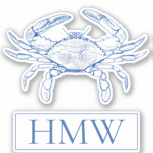 Coastal Blue and White Crab Monogram Sticker