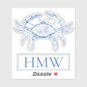 Coastal Blue and White Crab Monogram Sticker (Vel)
