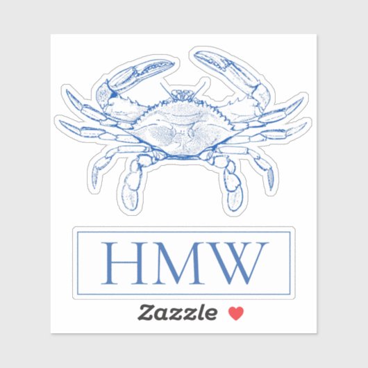 Coastal Blue and White Crab Monogram Sticker (Vel)