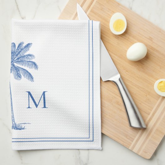 Coastal Blue and White Palmetto Palm Monogram Theedoek (Quarter Fold)