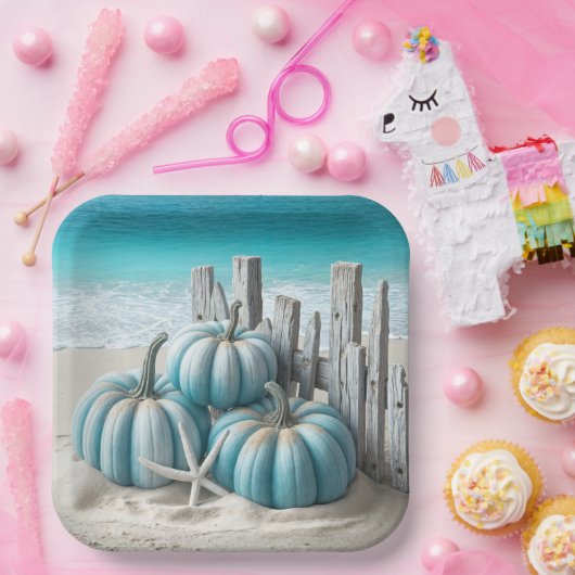 Coastal Blue Beach Pumpkins Papieren Bordje (Feest)