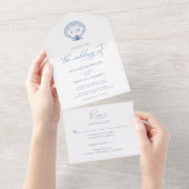 Coastal Blue Beach Shell Monogram Huwelijk All In One Uitnodiging (Afscheurbaar)