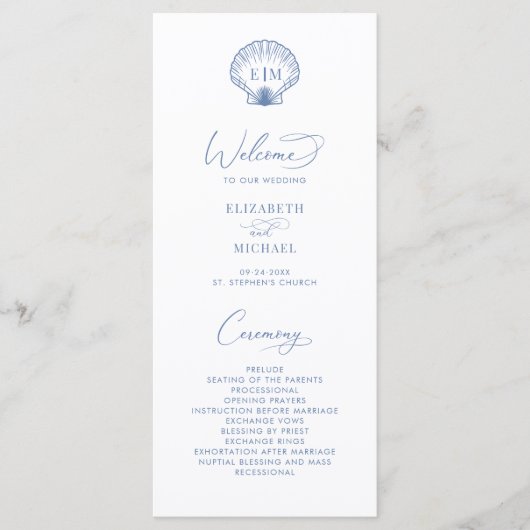 Coastal Blue Beach Shell Monogram Wedding Programma (Voorkant)